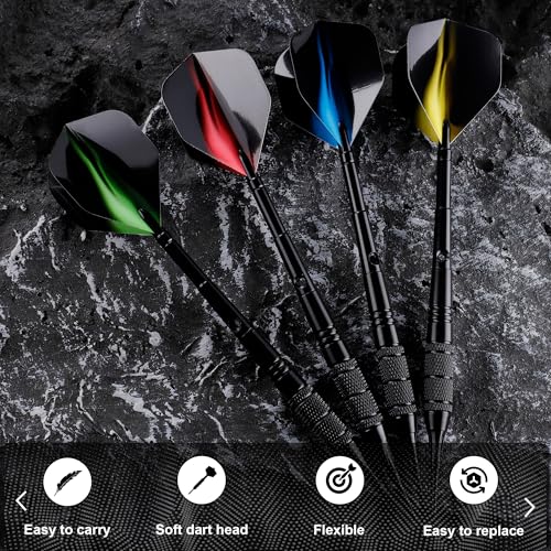 Soft Tip Darts Set 18g, 12 Pack with 100 Tips and 24 Flights | 12 soft tip darts, 18g weight, aluminum shafts, knurled barrels, 100 spare tips, 24 flights, for electronic dartboards