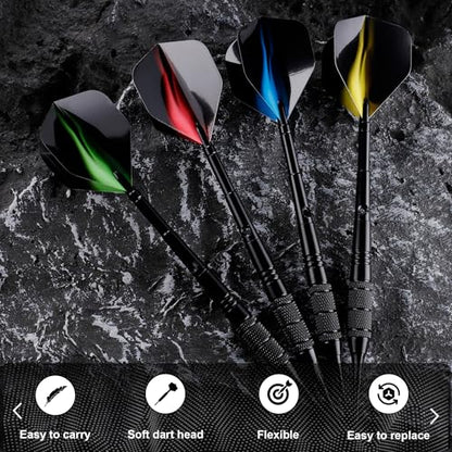 Soft Tip Darts Set 18g, 12 Pack with 100 Tips and 24 Flights | 12 soft tip darts, 18g weight, aluminum shafts, knurled barrels, 100 spare tips, 24 flights, for electronic dartboards