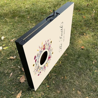 Custom Wedding Cornhole Set Flower Ring with Personalized Name and Wedding Date - Wedding Reception Games
