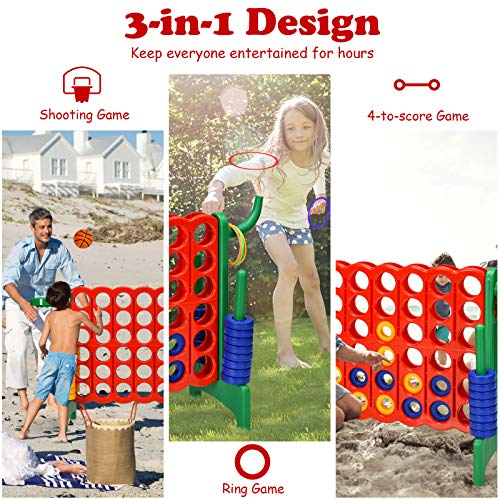 KOTEK Giant 4-in-a-Row Family Game w/Quick-Release Sliders, 42 Rings, Ring Toss & Basketball Hoop, Connect Yard Game for Kids & Adults (Without Carrying Bag, Green) - color: Green