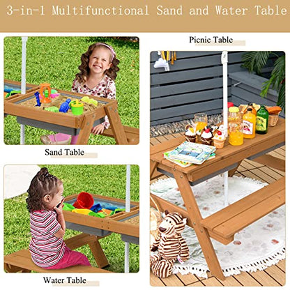 ARLIME Sand and Water Table - 3-in-1 Kids Picnic Table with Height Adjustable Umbrella, Removable Table Top & 2 Detachable Game Boxes, Water Play Table for Boys Girls, Outdoor Sensory Table (Colorful)