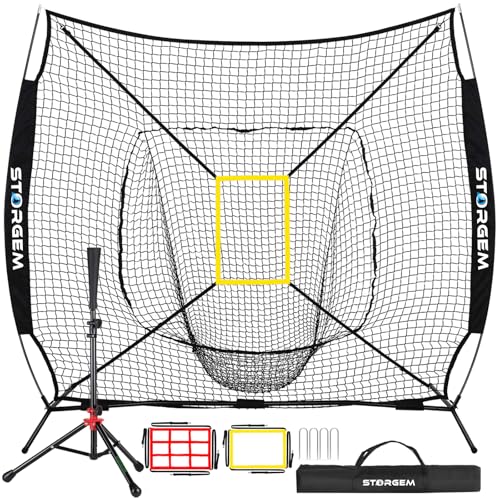 Storgem Baseball and Softball Practice Net 7×7ft Portable Hitting Pitching Batting Training Net Baseball Backstop Net with Batting Tee and Strike Zone and Bow Frame - color: Black