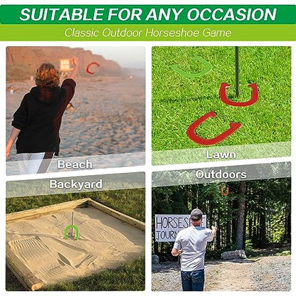 Horseshoes Outside Game - Steel Horseshoe Set - Yard Game Kit with 4 Heavy Duty Horseshoes, 2 Solid 24" Stakes & Carrying Bag - Classic Lawn Games for Adults, Backyard, Camping