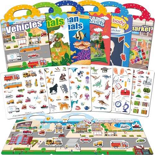 iGetooy 6 Sets Reusable Sticker Book for Toddlers 1-3, Jelly Sticker Books for Toddlers 2-4 Years, Toddler Travel Toys for Kids 2 3 4 Year Old Girls Boys