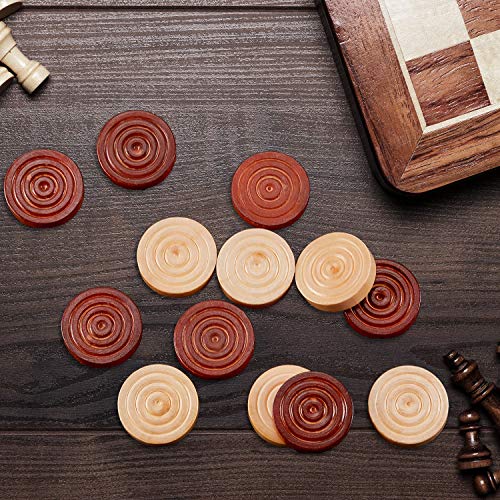 Skylety 72 Pieces Wood Checkers 1.06 Inch Wooden Checkers Pieces Set with Stackable Ridge in Drawstring Storage Pouch for Board Game, Dark Brown and Natural