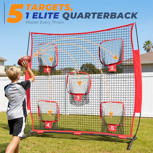 7x7ft/8x8ft Football Throwing Net, Quarterback Training Equipment with 5 Target Pockets, Includes Football, Portable Carry Bag - color: Red, size: 8x8ft