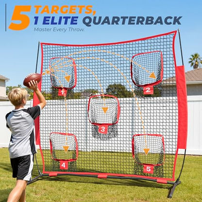 7x7ft/8x8ft Football Throwing Net, Quarterback Training Equipment with 5 Target Pockets, Includes Football, Portable Carry Bag - color: Red, size: 8x8ft