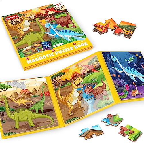 SYNARRY Magnetic Dinosaur Puzzles for Kids Ages 3-5, 20 Pieces Puzzles for Toddlers 4-6, Easter Basket Stuffers Gifts for Kids, Car Airplane Road Trip Activities Magnet Games Toy for Boys Girls - style: Dinosaur