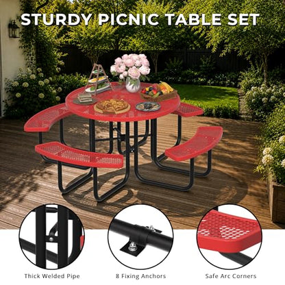 All-Weather Round Outdoor Picnic Table, Commercial Picnic Table Bench Set with Umbrella Hole, Thermoplastic Coated Metal Dining Tables for School, Stores, Park, Patio, Yard, Red - color: Red