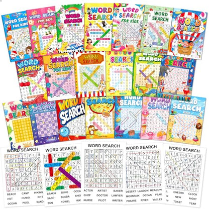 Elfew 20 Pack Bulk Small Word Search Puzzle Books for Kids Ages 4-8 | Over 2500+ Words, Answer Keys Included, Educational Vocabulary Activity Workbooks, Travel Screen Free Learning Games - style: 20 Word Search Book