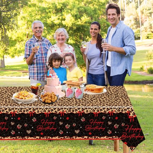 4 Pcs Cheetah and Cherry Birthday Tablecloths, Red and Black Leopard Print Disposable Plastic Table Cover for Bridal Shower Bachelorette Birthday Party Supplies, 54 x 108 Inches - color: Red Cherry