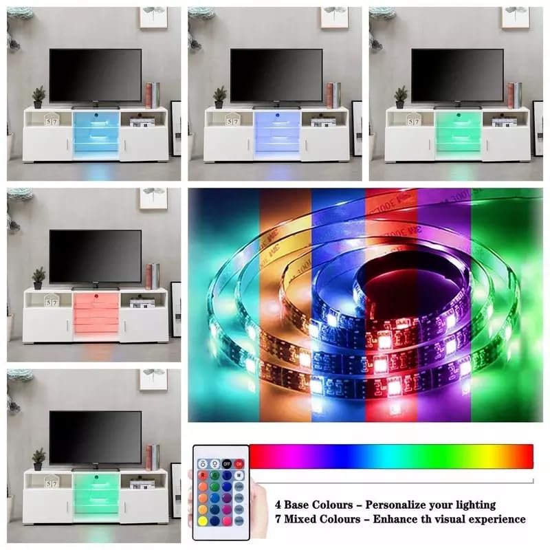 Media Storage Cabinet with LED Lights, Media Console with Adjustable Shelves, TV Console Stand for Household Gaming Spaces, White