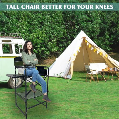 Tall Folding Director Chair 30.7" Seat Height Foldable Bar Stool for Makeup Artist Face Painting with Side Table Carry Bag and Cosmetic Bag Supports 250LBS - color: Olive