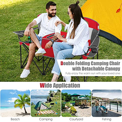 S AFSTAR Double Camping Chair w/Shade Canopy, 2-Person Folding Camp and Beach Chair with Mini Table Beverage Cup Holder Carrying Bag, Collapsible Camping Chairs for Garden Patio Pool Beach - color: Red