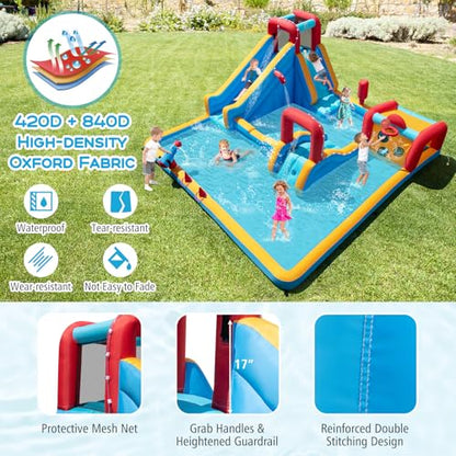 BOUNTECH Inflatable Water Slide Park, 9-in-1 Mega Water Bounce House Bouncy Castle w/2 Large Splash Pools, Basketball, Blow up Water Slide Inflatables for Big Kids Aged 3-12 Backyard Party Gifts - style: Without Air Blower
