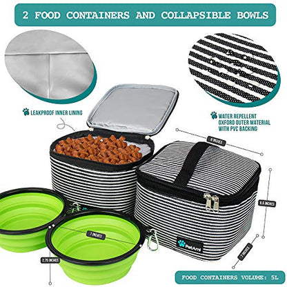 PetAmi Dog Travel Bag Organizer, Pet Travel Kit with 2 Food Containers & 2 Collapsible Dog Bowls, Pet Supplies Tote with Luggage Sleeve, Weekend Road Trip Camping Essentials, Stripe Black, Large - color: Stripe Black, size: 15.5"L x 9.5"W x 14.0"H