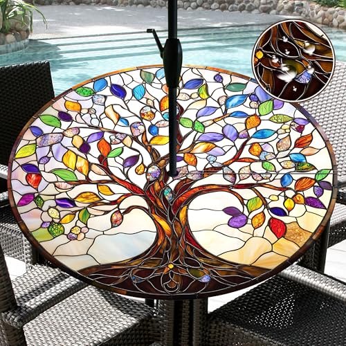 Tree Outdoor Tablecloth with Umbrella Hole Waterproof Patio Table Covers Fitted Table Cloth with Elastic Zippered Round Outdoor Table Cloth for Picnic, Camping, Garden(48''-52'') - color: Brown, size: 52" (Round)