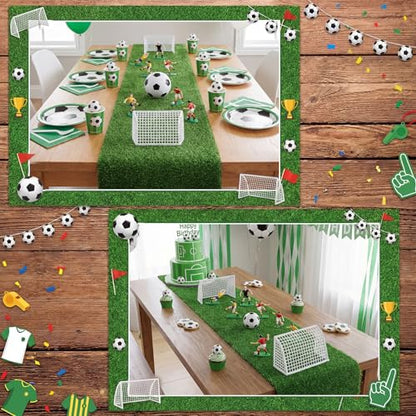 Soccer Table Centerpiece Decorations Kit, 16x59 Inch Artificial Grass Table Runner 7 Player Figures 2 Goal Nets and 1 Ball for Game Day Sports Party Birthday Baby Shower Wedding Decor
