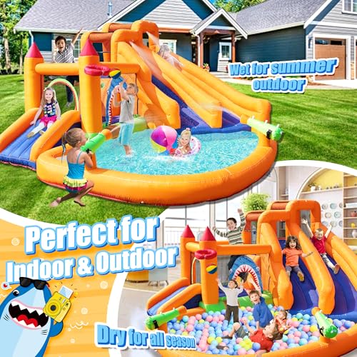 Inflatable Bounce House, Triple Water Slide for Kids with Double Cannon, Climbing Wall, Jumping, Splash Pool, Basketball Hoop for Outdoor Backyard Party, 10 in 1 Giant Castle Included 550W Air Blower