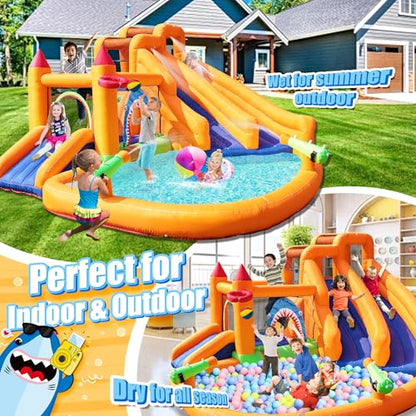 Inflatable Bounce House, Triple Water Slide for Kids with Double Cannon, Climbing Wall, Jumping, Splash Pool, Basketball Hoop for Outdoor Backyard Party, 10 in 1 Giant Castle Included 550W Air Blower