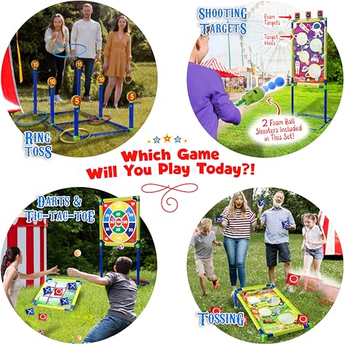 Carnival Games for Kids - Yard Games Include: Ring Toss, Beanbag, Ball Shooting Target Game, Ladder Toss, Darts Board, Tic Tac Toe, Birthday Party Activities, Portable Backyard Outdoor Games for Kids