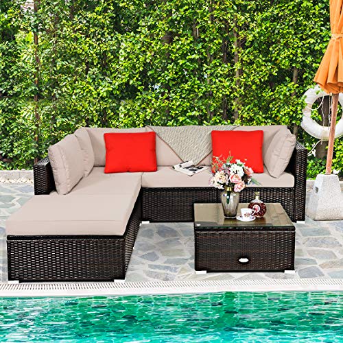 Tangkula 6 Piece Patio Furniture Set, Outdoor Deck Lawn Backyard Durable Steel Frame PE Rattan Wicker Sectional Sofa Set, Conversation Set with Coffee Table (Beige) - color: Beige, size: 6 Pieces