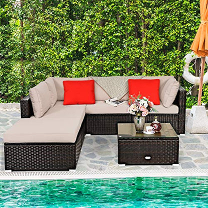 Tangkula 6 Piece Patio Furniture Set, Outdoor Deck Lawn Backyard Durable Steel Frame PE Rattan Wicker Sectional Sofa Set, Conversation Set with Coffee Table (Beige) - color: Beige, size: 6 Pieces