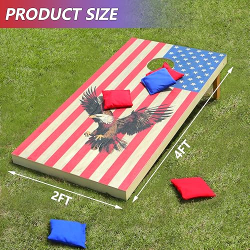 Regulation Cornhole Board Set with Storage Capability, 4 x 2 ft Solid Wood Cornhole Game Set with 8 Bean Bags and 2 Cornhole Board, Premium Corn Hole Game for Adults and Family (American Flag)