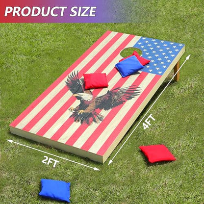 Regulation Cornhole Board Set with Storage Capability, 4 x 2 ft Solid Wood Cornhole Game Set with 8 Bean Bags and 2 Cornhole Board, Premium Corn Hole Game for Adults and Family (American Flag)