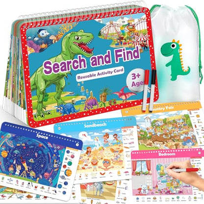Elfew Search and Find Reusable Activity Book, Travel Toys for Toddlers 3-5, Wipe Clean Educational Toys for 3+ Year Old, Kids Airplane Car Road Trip Travel Essentials, Car Games for Kids Ages 4-8