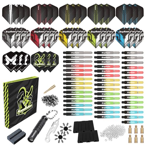 Dart Accessories Kit Including 36pcs Dart Flights 45pcs Dart Shafts for Steel/Soft Tip Darts,Sharpener, Dart Stems Remover Tool, 50 Metal Rings,50 Rubber Rings, Pack of 195pcs Accessories