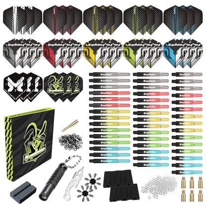 Dart Accessories Kit Including 36pcs Dart Flights 45pcs Dart Shafts for Steel/Soft Tip Darts,Sharpener, Dart Stems Remover Tool, 50 Metal Rings,50 Rubber Rings, Pack of 195pcs Accessories