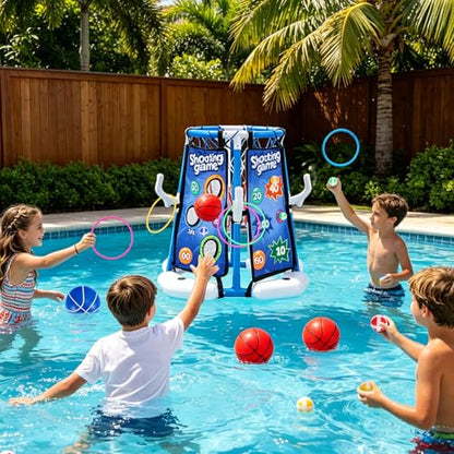 4-in-1 Floating Pool Basketball Hoop Set: Includes Ring Toss Game, Air Pump Launcher, 4 Balls & Sticky Balls – Outdoor Water Toys for Kids Ages 3-12, Family Pool Party Games