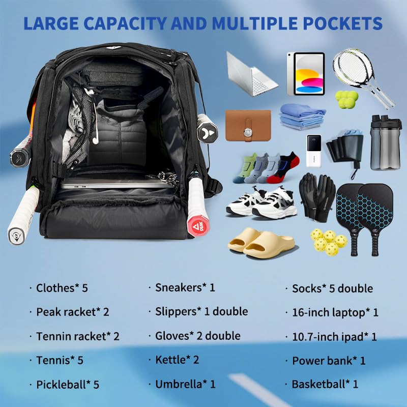 Pro 52L Pickleball Bag with Padded Paddle Protection Fits 6-10 Paddles,Ventilated Shoe Compartment,Wet Dry Separation,Hidden Ball Net,Designed for 2 Players Family and Couples - color: Black