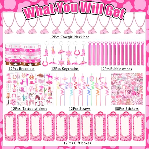 Cowgirl Party Favors Pack - For 12Guests | Pink Goodie Bag Stuffers for Kids Girls' Birthday | Galentines | Pinata Filler & Classroom Rewards - style: Cowgirl Party Favors