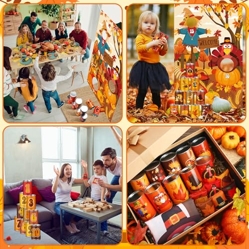17 Pcs Fall Halloween Carnival Can Bean Bag Toss Games for Kids Thanksgiving Autumn Party Throwing Game Set with Background for Adults Indoor Outdoor Party Toy Accessory - style: Thanksgiving