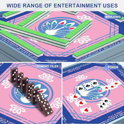 Mahjong Mat 33"x33" - Non-Slip Noise Reduction Gaming Mat with Beginner Rules for American Mahjong, Chinoiserie Peacock & Lotus Artwork Waterproof Surface with Carry Bag for Game Nights, Gift (Blue) - color: Blue-1