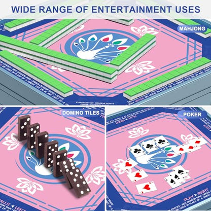 Mahjong Mat 33"x33" - Non-Slip Noise Reduction Gaming Mat with Beginner Rules for American Mahjong, Chinoiserie Peacock & Lotus Artwork Waterproof Surface with Carry Bag for Game Nights, Gift (Blue) - color: Blue-1