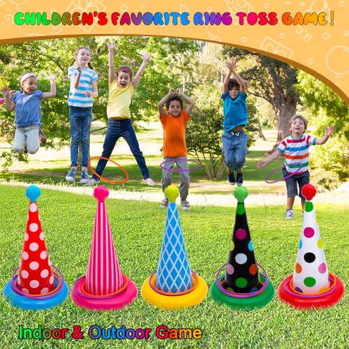 Inflatable Ring Toss Game, Birthday Party Games Ring Toss Game for Kids Adults Birthday Party Decorations Lawn & Yard Games Toys for Family 5-Pack with 10 Plastic Rings