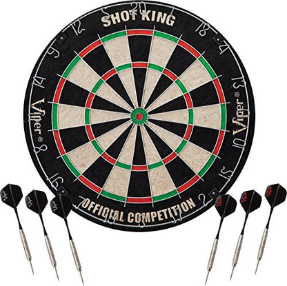 Viper Vault Cabinet & Shot King Sisal/Bristle Dartboard Ready-to-Play Bundle with Two Sets of Steel-Tip Darts, Throw Line, and Dry Erase Scoreboards, Walnut Finish - style: Elite Set
