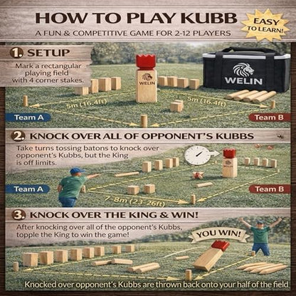 WELIN Kubb Game Set – Professional Size Viking Chess Outdoor Yard Game, Solid Rubber Wood Backyard Tossing Game with Carrying Case for Beach, Party & Family Fun