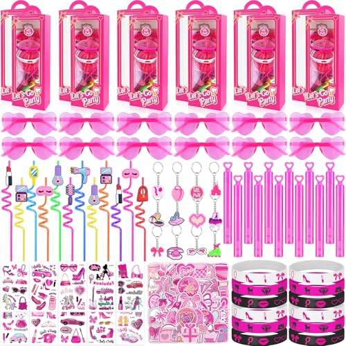 184Pcs Pink Girls Party Favors Pack - For 12Guests, Includ Goodie Box Heart Glasses Straws Bubble Wands Tattoo Sticker Bracelet Keychain, for Kids Girls Birthday Party Decoration Supplies - style: Pink Girls Party Favors