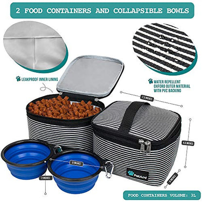 PetAmi Dog Travel Bag Organizer, Pet Travel Kit with 2 Food Containers & 2 Collapsible Dog Bowls, Pet Supplies Tote with Luggage Sleeve, Weekend Road Trip Camping Essentials, Stripe Black, Medium - color: Stripe Black, size: Medium - 14.5"L x 8"W x 12.0"H