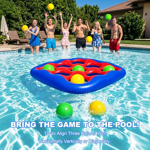 Pool Games Set- Tic-Tac-Toe Inflatable Pool Toys with 10 Balls Fun Summer Swimming Pool Party Beach Lawn Outdoor Camping Party Float Game Water Ball Toys for Adults Teens Kids 2-10 Players - color: Blue and Red