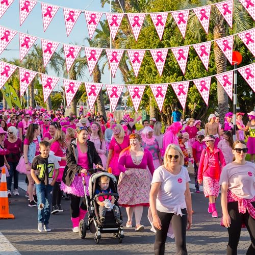 100 FT Breast Cancer Awareness Decorations, 3 Pack Pre-assemble Pink Ribbon Pennant Banner Flags, 60 PCS Plastic Pennants Flags Indoor Outdoor Party Supplies Home Office Ceiling Wall Hanging Decor - style: Breast Cancer