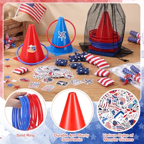 RoundFunny 12set 3 in 1 Independence Day Ring Toss Game Set, Carnival Game Kit with Cones, Rings, Bean Bags & Storage Bag, Includes for DIY Toss Games, Birthday Party, Carnival - style: Independence Day