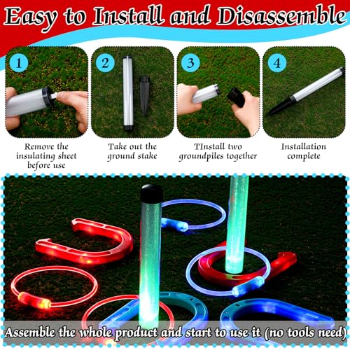 Blueweenly LED Ring Toss Game for Adults and Family, 12 Pcs, Red, Blue, Green LED Horseshoes and Hoop Rings, Outdoor Yard Games