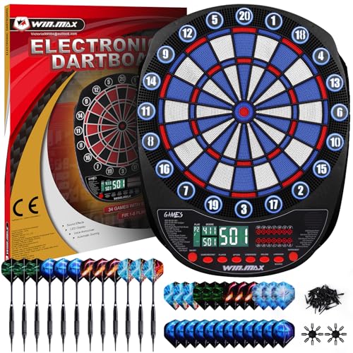 WIN.MAX Electronic Dart Board Soft Tip Dartboard Set LED Displays 3 Languages with 12 Darts 100 Tips Power Adapter - color: BLUE/WHITE WITH LIGHTS