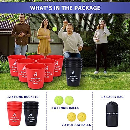 Aivalas Yard Pong Outdoor Games, Giant Yard Games Set with 12 Buckets and Balls for Adults and Family, Toss Game Throwing Games for Beach, Camping, Lawn and Backyard - color: Red/Black