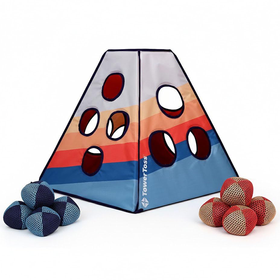 360° Portable Outdoor Toss Game, 4 Sided Folding Tower with 8 Bean Bags & Carry Case, Family Friendly Lawn Game for Beach, Tailgating & Backyard Fun - Ages 8+, 2-4 Players
